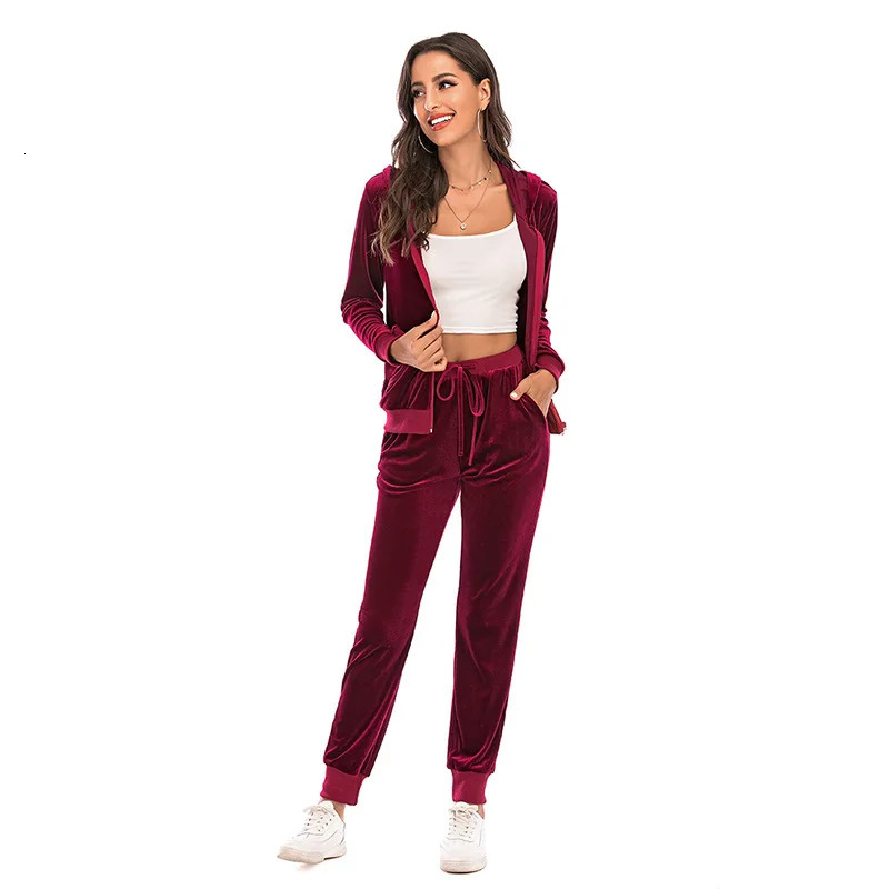 Velour Tracksuit Womens 2 Piece Sweatshirt Sweatpants Set Full Zip Hoodie Sweatsuit with Pockets Casual Sportswear Autumn 250108