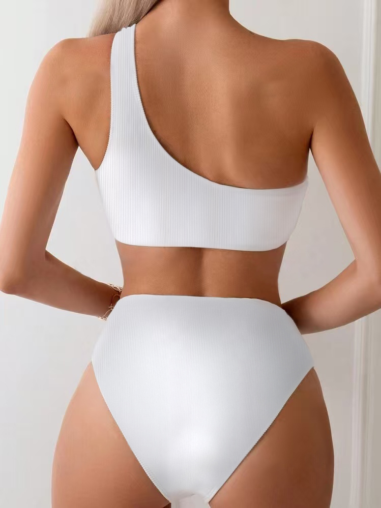 Women O-Ring Cutout Bikini Set Fashion One Shoulder Bikinis Ribbed Swimsuit Solid Colors Female Pool Bather High Waist Swimwear Two Piece Bathing Suit