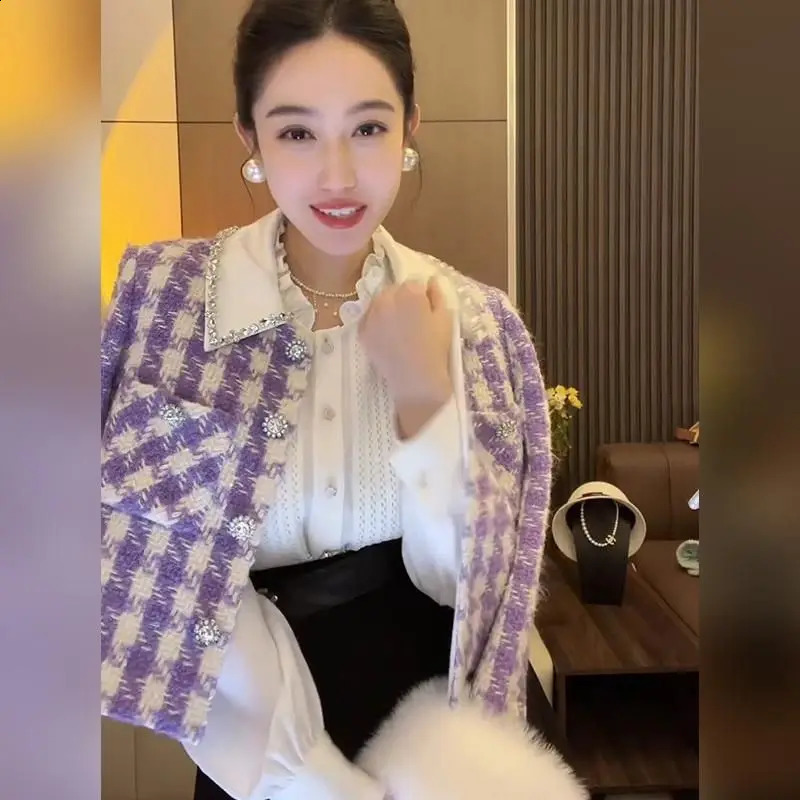 KUSAHIKI Autumn Tweed Women Jackets Fashion Purple Turn-down Collar Elegant Caridgan Coat Korean Chic Outwear Tops 250109