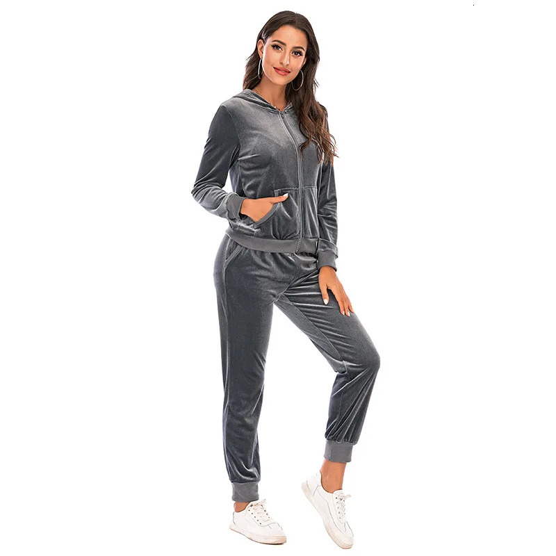 Velour Tracksuit Womens 2 Piece Sweatshirt Sweatpants Set Full Zip Hoodie Sweatsuit with Pockets Casual Sportswear Autumn 250108