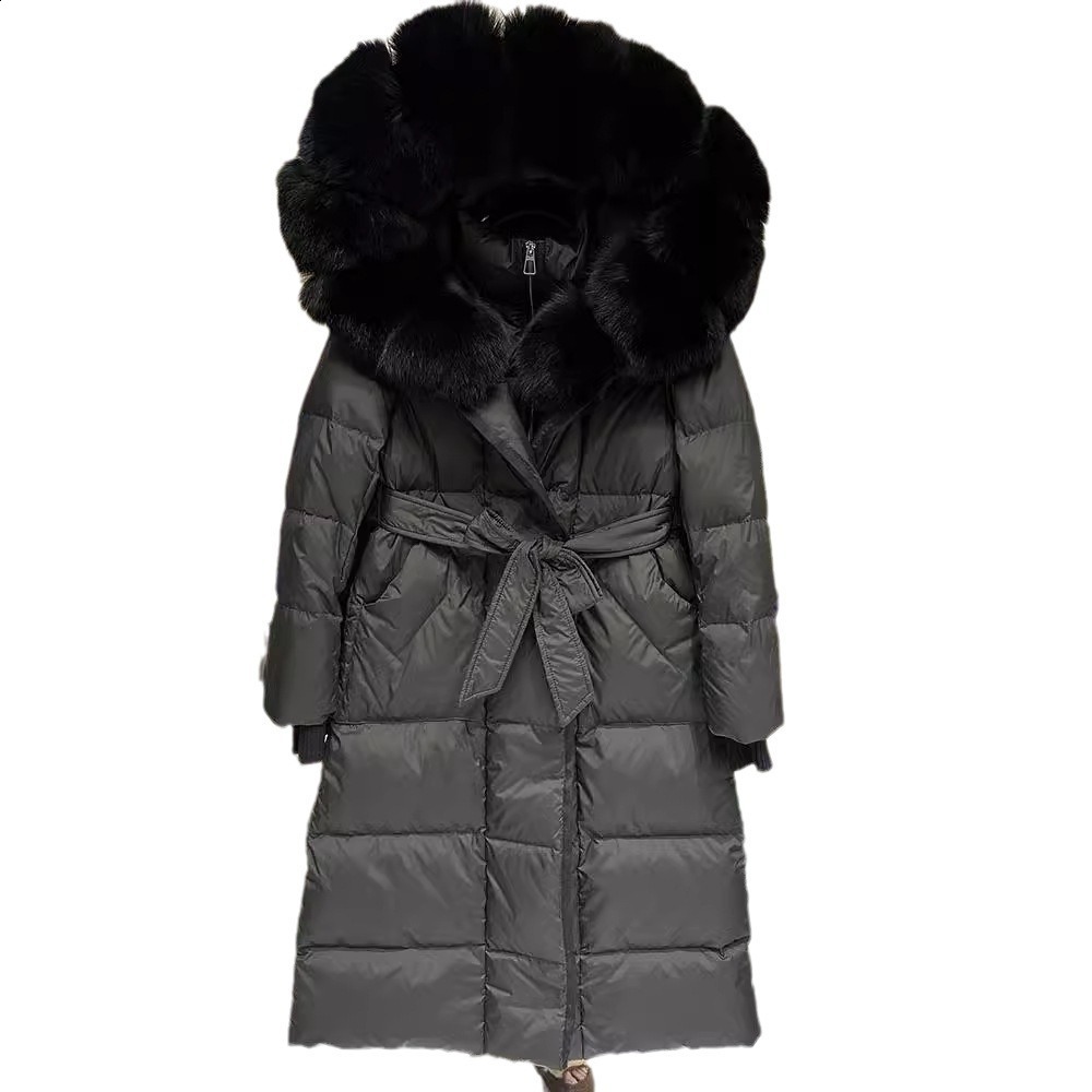 Fox fur big fur collar down jacket extended hooded winter style slimming waist cinched knee high thick womens jacket 211207