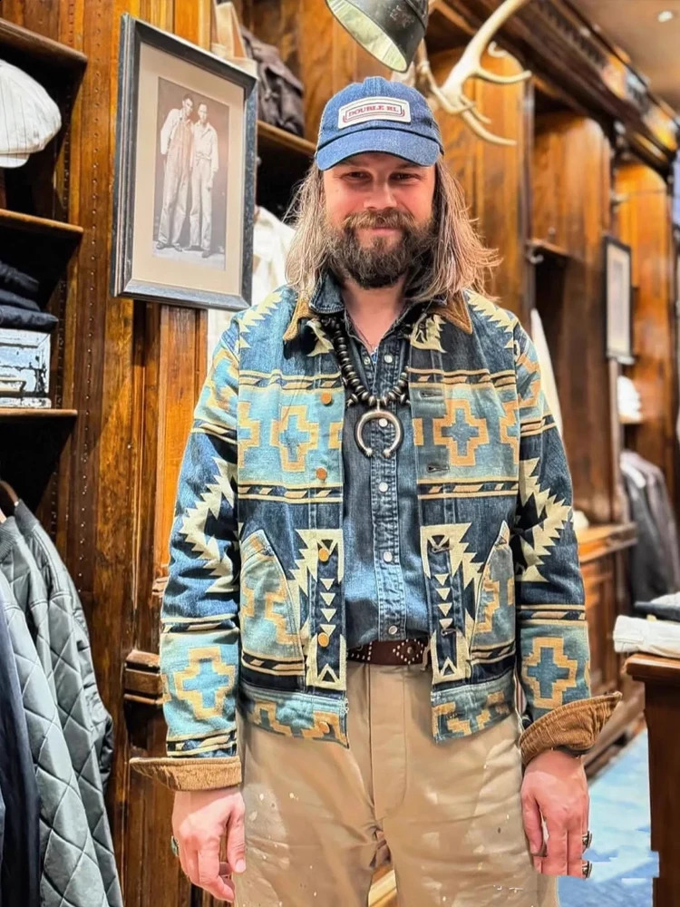 RRL 30th Anniversary Western Style Jacquard Heavy Washed Denim Jacket American Retro Coat Corduroy Collar 250121