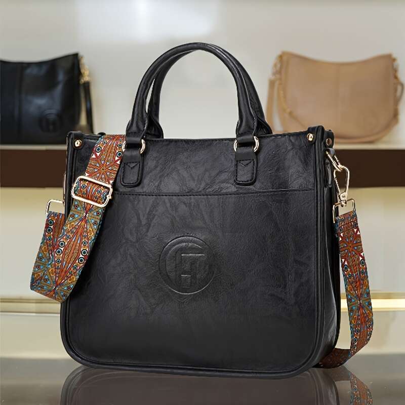 Solid color handbag, fashionable PU leather bag, Bohemian wide shoulder strap women's crossbody bag