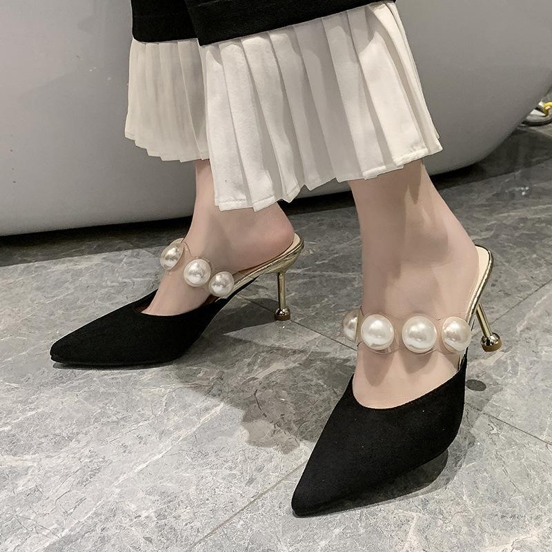 Women Slippers Pointed Toe Fashion Pearl Design Sense Versatile Triple Black Beige Free shipping
