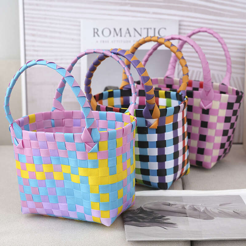 Colorful Mini Woven Vegetable Basket Bag, Carrying Basket, Children's Handbag, Contrasting Checkerboard Grid Beach Bags