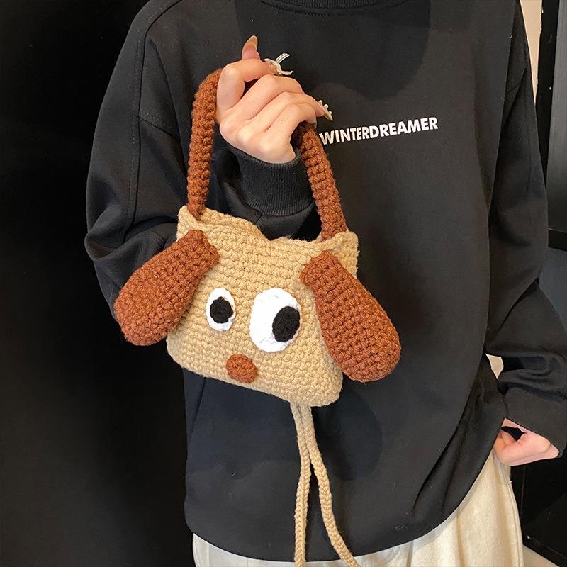 Free Shipping New Designer Bag Cartoon Cute Handheld Bag Wool Big Ear Dog Handmade Hook Woven Bag Multifunctional Bag Women's Crossbody Bag
