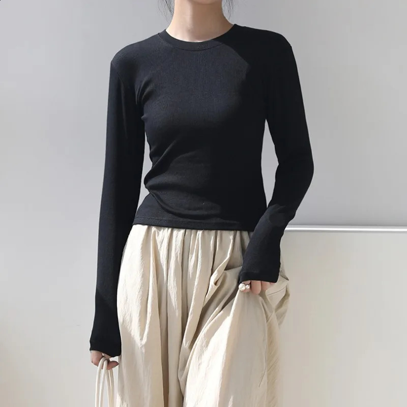 Cotton O Neck Long Sleeve Shirt Women Sexy Cropped Tops Autumn Black Casual Skinny Slim Basic Woman T Shirts White Clothing 250121