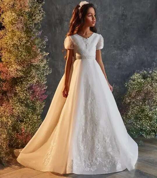 Cap Sleeves Wer Girl For Weddings A-E Tulle Appliques Long First Communion Dresses Little Baby Kids Customized 6660311