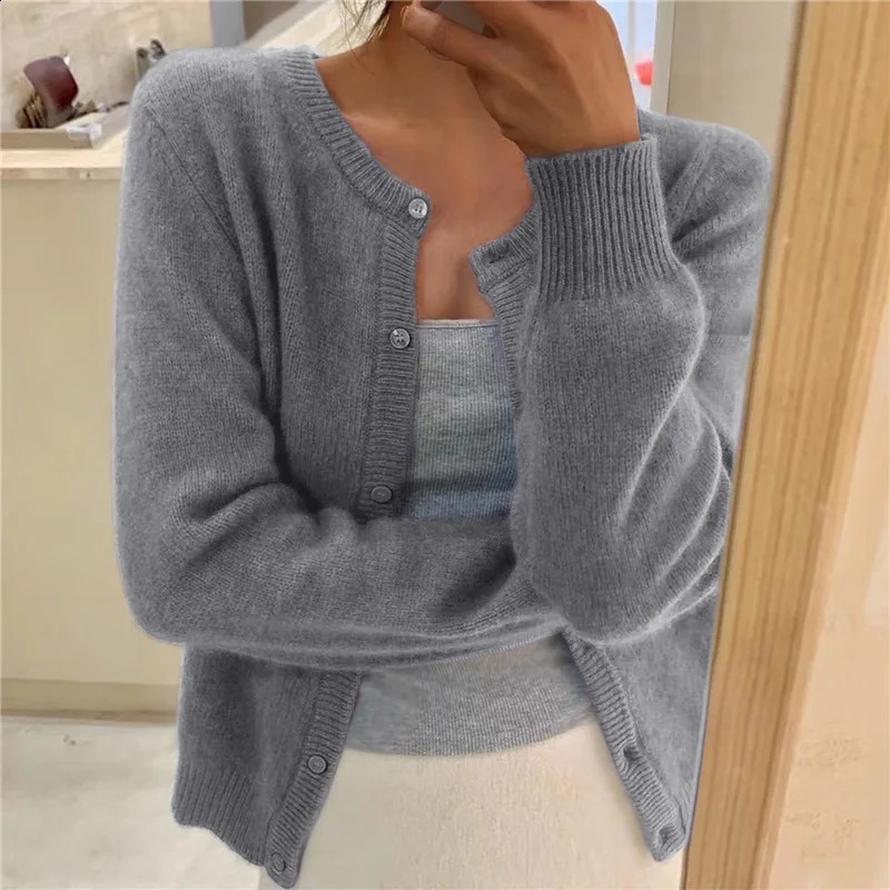 Solid Color Knitted For Women Cardigan Korean Single Breasted Long Sleeve Jumper Woman Round Neck All Match Cardigans Outwear 250109Z