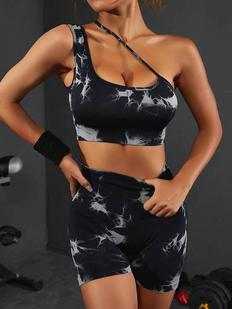 Advanced women's fashionable tie dye seamless tight fitting clothing gathering bra hip lifting yoga shorts sports and fitness clothing yoga set