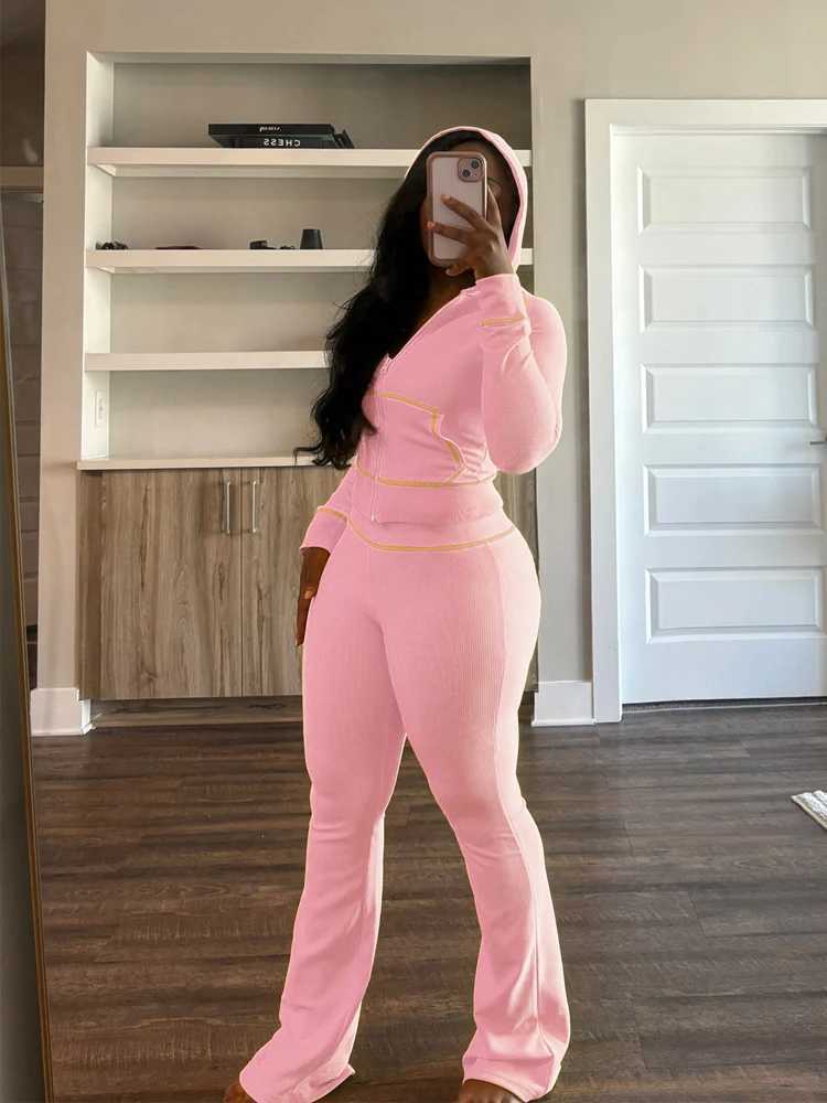 Women's Two Piece Pants Waffle Striped Women Outfits Hooded Tops and Flare Pants Suits 2024 Fall Lounge Wear Strt Baddies Tracksuit 2 Two Piece S