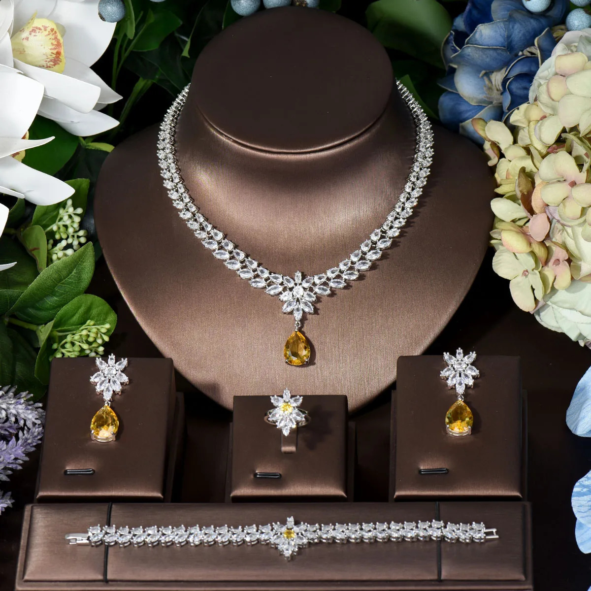 HIBRIDE Elegant Women Wedding Jewellery African CZ Crystal Water Drop Bridal Necklace Bracelet And Earrings Jewelry Sets N-789 250118