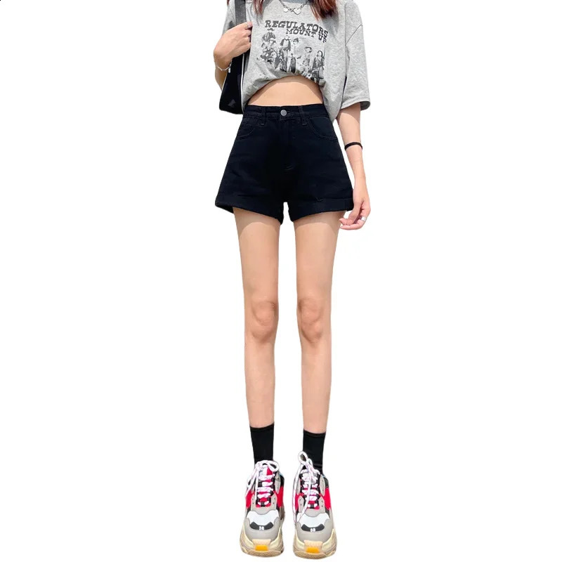 Summer Women High Waist Button Wigh Leg Jeans Shorts Casual Female Loose Blue Denim Shorts Black White 250118