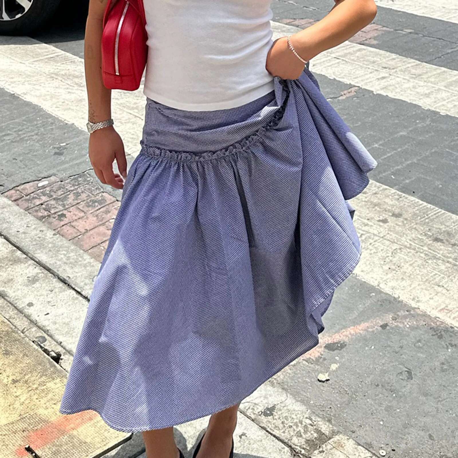Gaono Women Low Rise Plaid Midi Lace Ruffle Hem A E Vintage Tie Up Gingham Tiered Skirt Going Out Streetwear