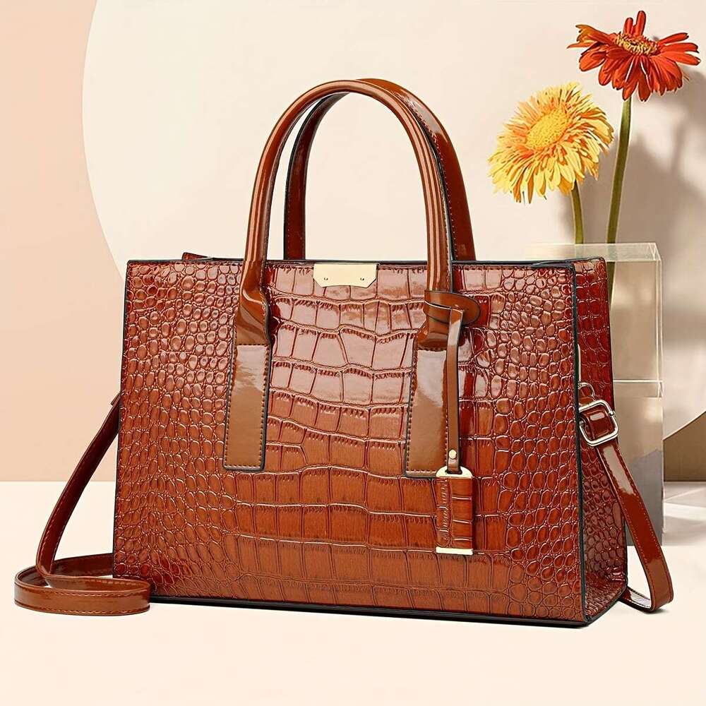Solid color crocodile patterned square tote classic and fashionable shoulder bag, women's textured commuting bag