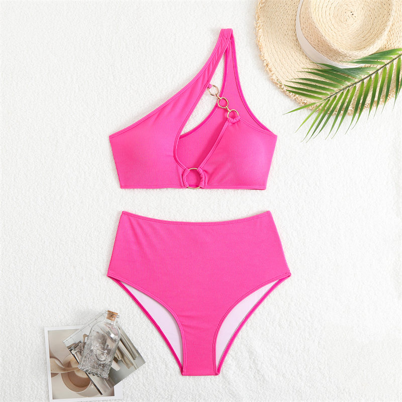 Women O-Ring Cutout Bikini Set Fashion One Shoulder Bikinis Ribbed Swimsuit Solid Colors Female Pool Bather High Waist Swimwear Two Piece Bathing Suit