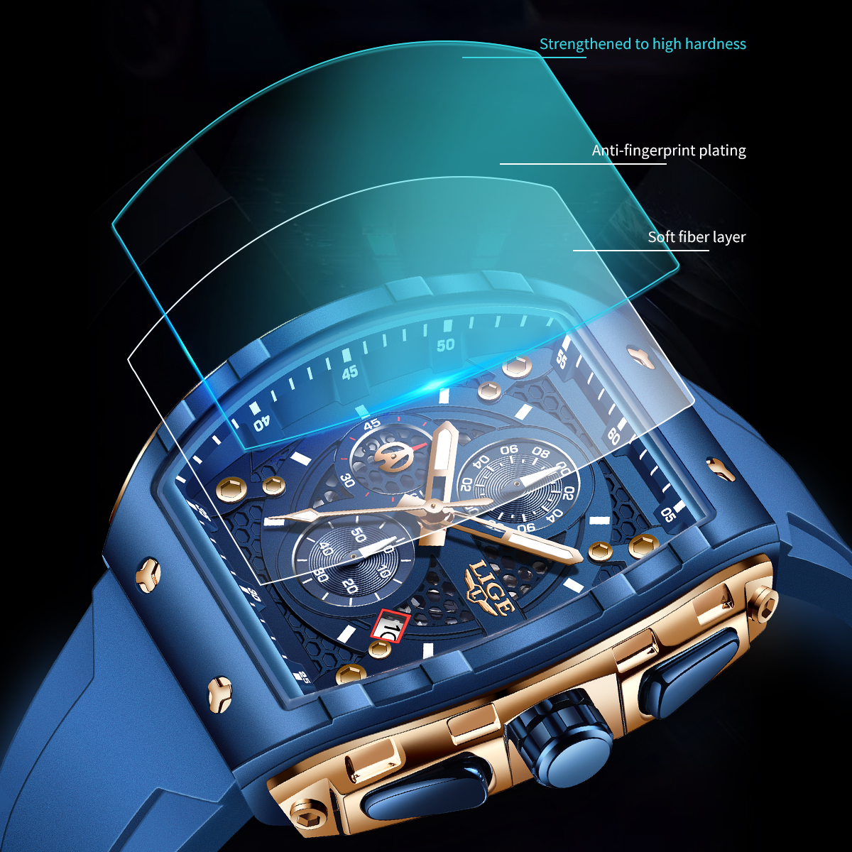 LIGE Top Brand Luxury Square Quartz Watches for Men Fashion Casual Sport 50M Waterproof Man Watch Auto Date Military Chronograph