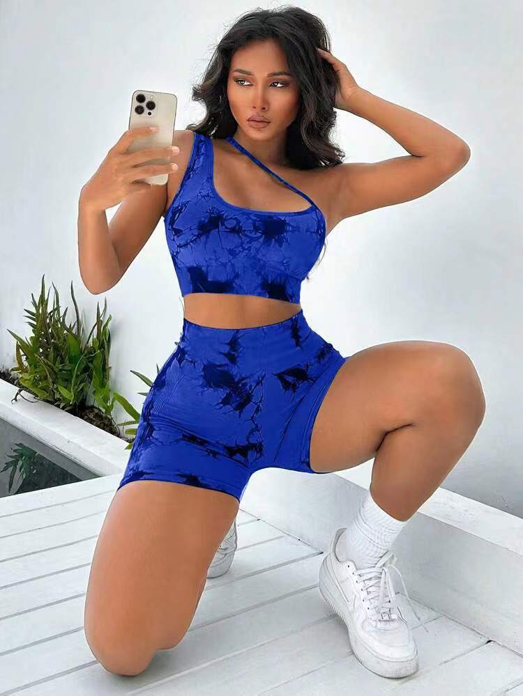 Advanced women's fashionable tie dye seamless tight fitting clothing gathering bra hip lifting yoga shorts sports and fitness clothing yoga set