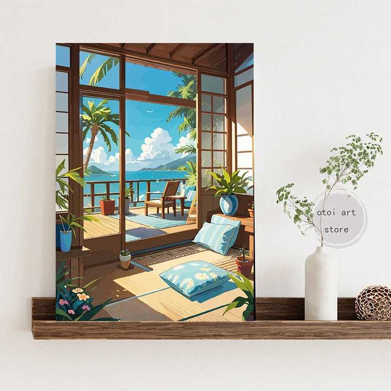 Anime Manga Style Scenery Dock River Flower Window Landscape Art Poster Canvas Painting Wall Prints Picture for Ro He Decor Y250122