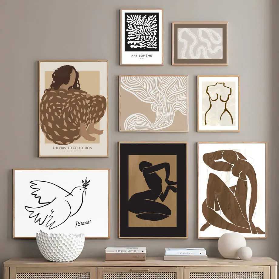 Abstract Beige Vintage Poster Print Picasso Matisse Line Dove Canvas Painting Wall Art Pictures For Living Ro He Decor Y250122