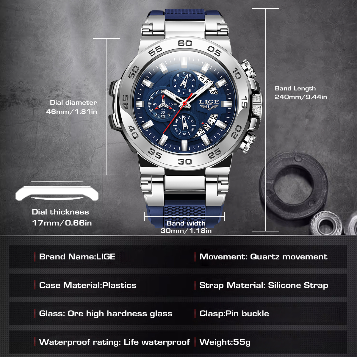 LIGE Men's Quartz Watch Multi-function Chronograph Men's Sports Watch Life waterproof premium three-eye six-pin watch Watch for teenagers an