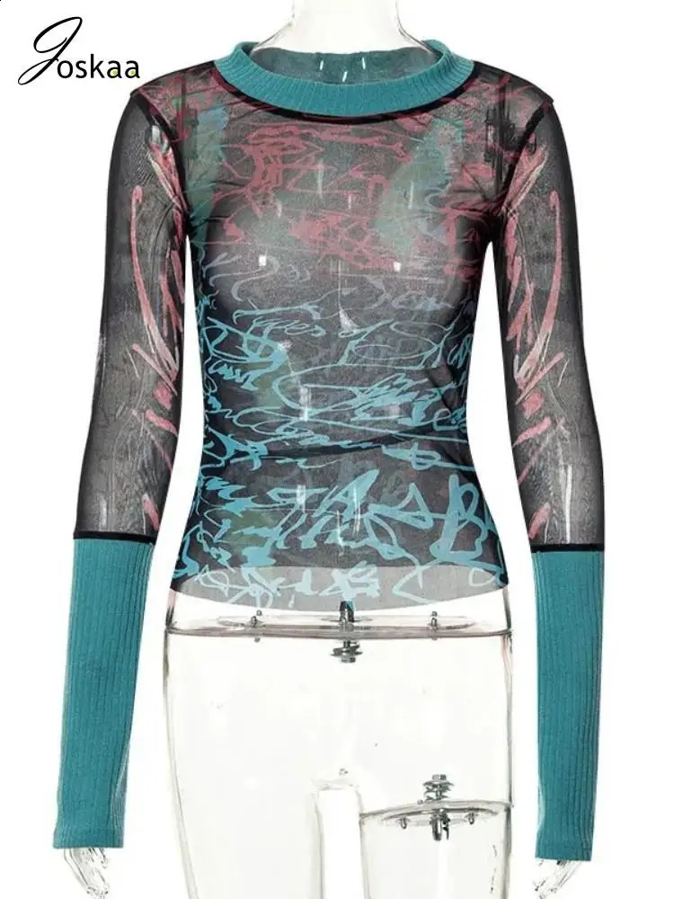 Joskaa Print Mesh Womens Sexy See Through O-Neck Long Sleeve Top Autumn/Winter Graphic T-shirt Haruku Street Clothing 250121