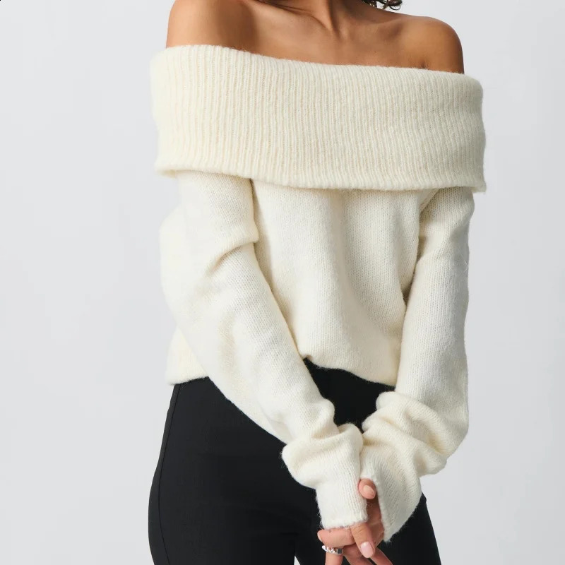 Xingqing Women Sweaters y2k Clothes Elegant Solid Color Off Shoulder Long Sleeve Pullover Crop Tops 2000s Clothing Streetwear 250114