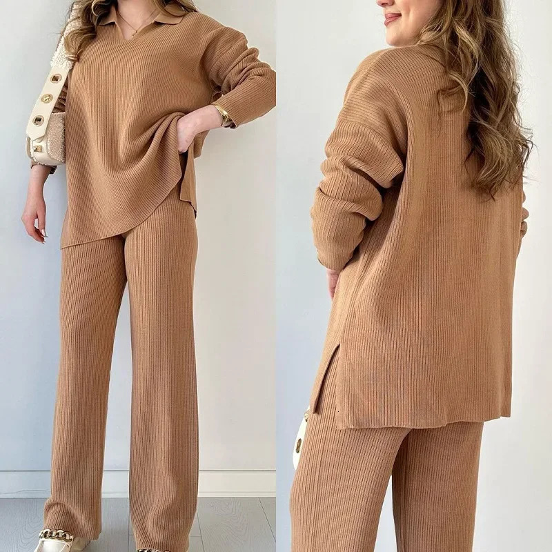 Two Piece Pant Sets Women Knit Sweater V Neck Full Sleeve Splice Loose Fit Trousers Matching Sets Thick Pants Casual Office Lady 250116
