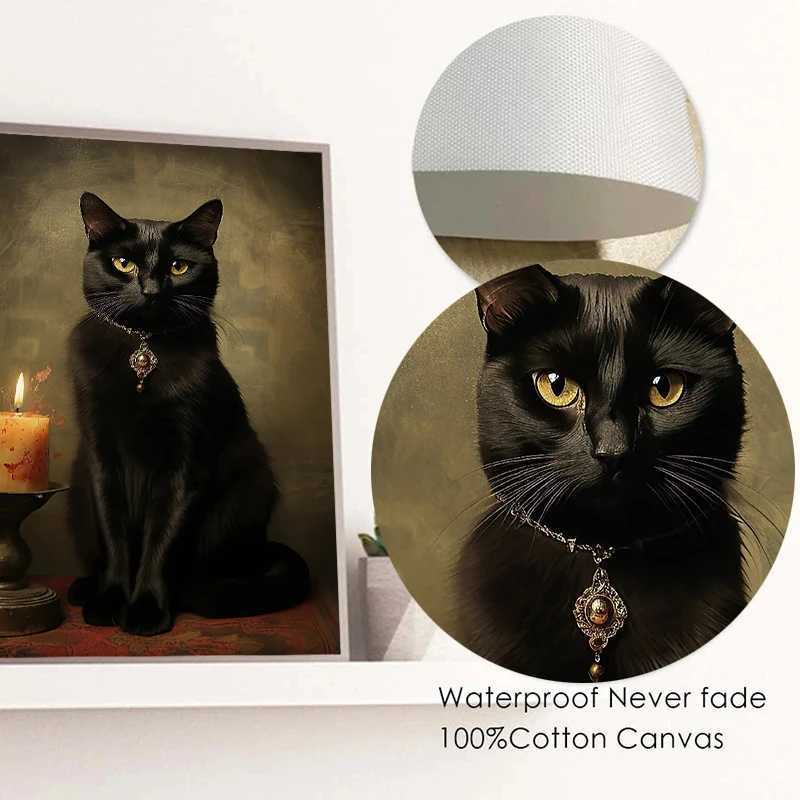 Vintage Renaissance Cat Portrait Black Cat Victorian Gothic Poster Canvas Painting Wall Art for Living With Frameless Decor Y250122