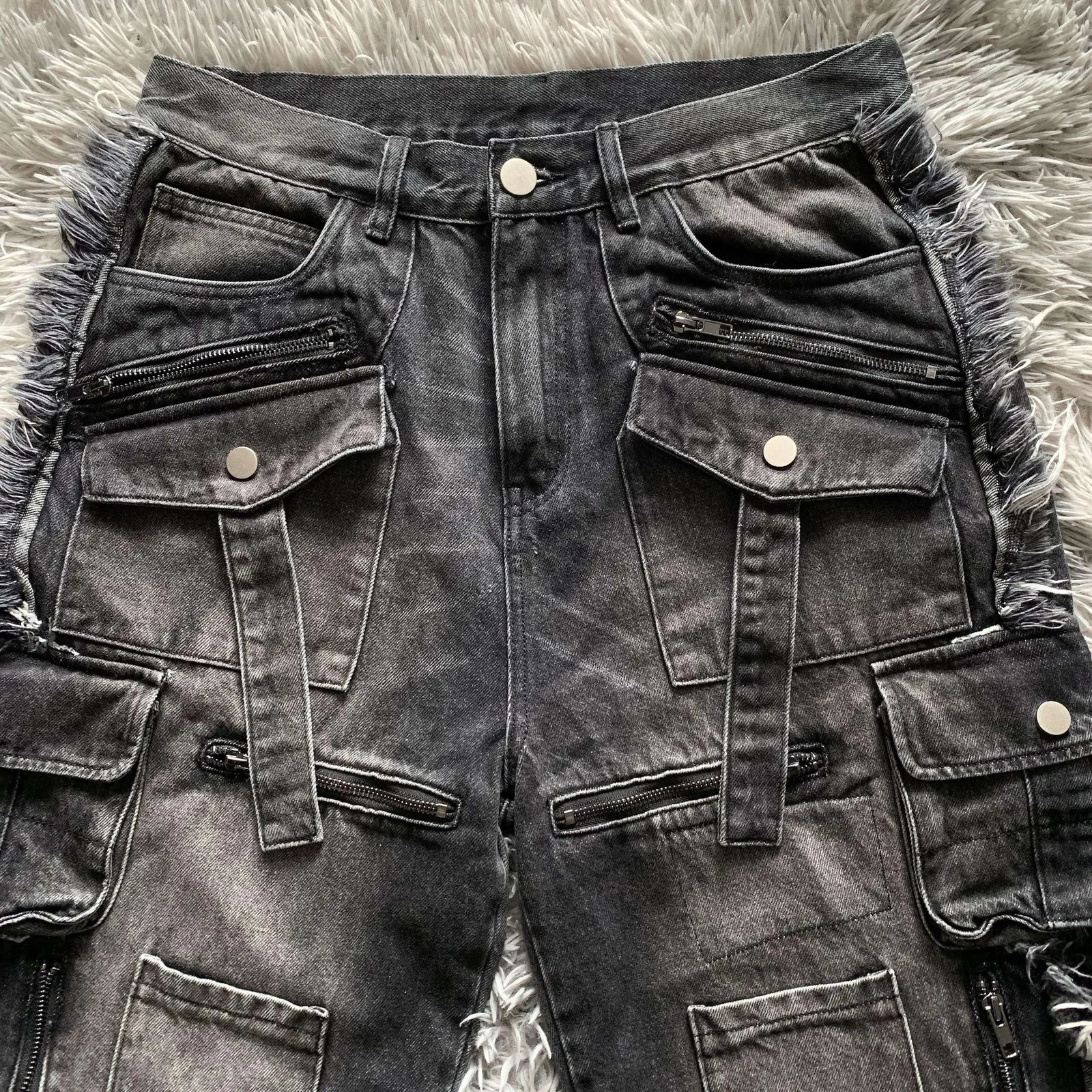 Heavy Industry Punk Multi-Pocket Harajuku Washed Jeans Womens High Waisted Baggy Jeans Mens Y2K Hip-Hop Wide Leg Pants 250109