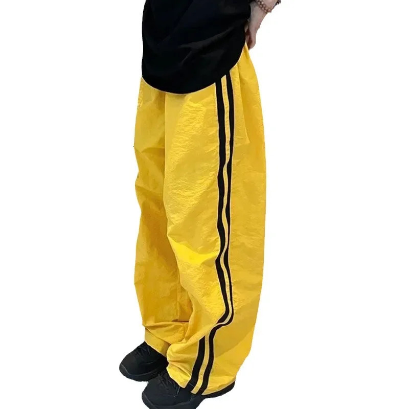 Y2K Vintage White Sweatpants Women Streetwear Hip Hop Quick Dry Yellow Joggers Oversize American Retro Striped Track Pants 250118
