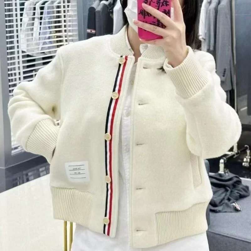 Preppy Style Fashion Knitted Woolen Coat Women Casual Three-Colour Webbing Baseball Uniform Elegant Loose White Cardigan Jacket