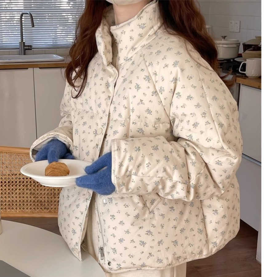 Korean Version of Fresh Floral Standing Collar Cotton Jacket for Womens Winter New Design Loose and Thick Student Cotton Jacket Short Jacket Women Coa