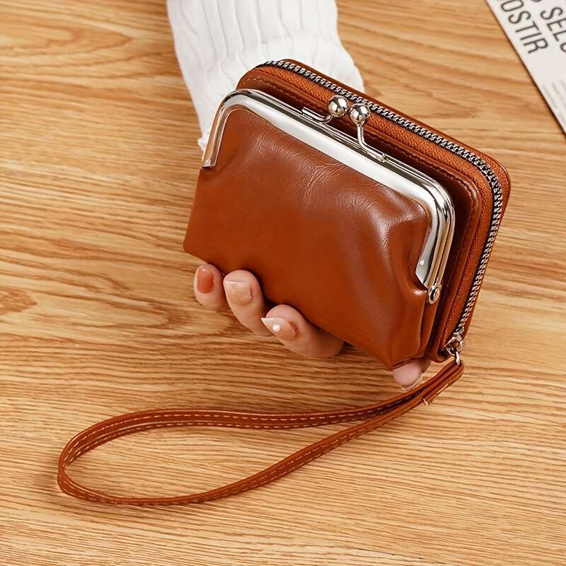 Mini credit card holder, retro kiss button coin purse, women's fashionable wallet and wrist bag