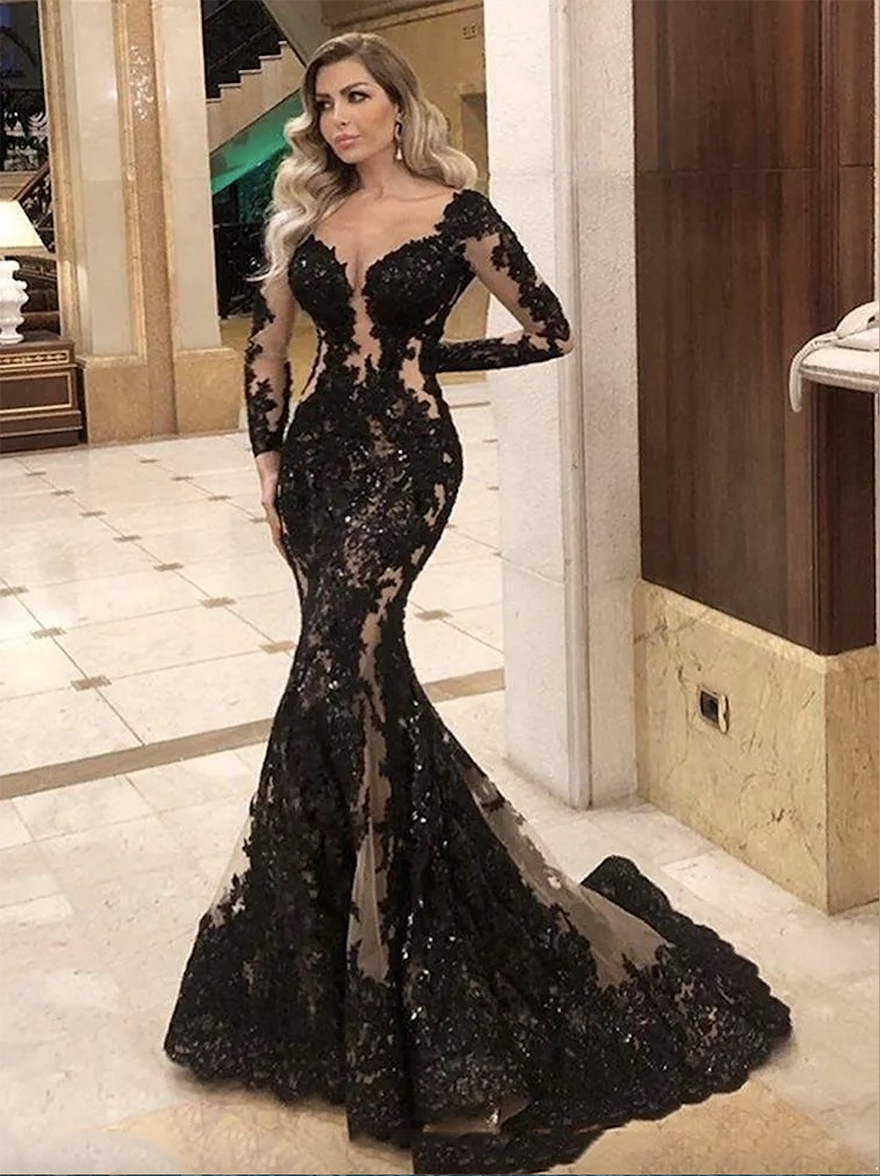 Sexy Black Mermaid Evening Pageant Dresses 2025 Illusion Long Sleeve Lace Sequins Applique Sheer Fishtail Ocn Prom Wear Gown Free shi
