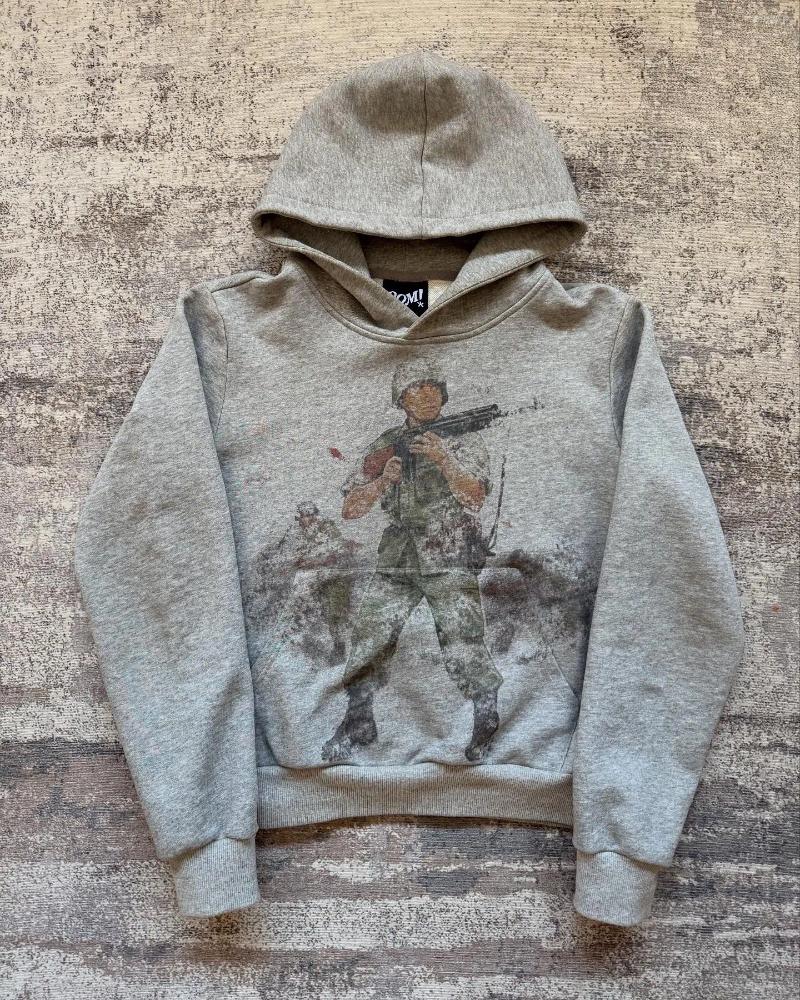 Mens Hoodies Oversized Loose Casual Soldier Printed Hoodie Retro Old Grey Streetwear Pullover Winter Cotton Sweatshirt Men Clothing