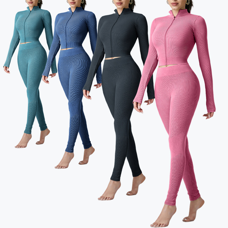 Advanced Women's Designer Sand Washed Zipper Fashion Seamless Yoga Set Threaded Casual Long Sleeve Pants Fitness Suit Sports Set