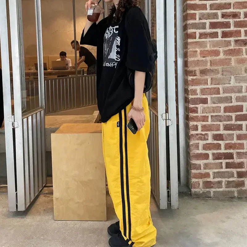Y2K Vintage White Sweatpants Women Streetwear Hip Hop Quick Dry Yellow Joggers Oversize American Retro Striped Track Pants 250118