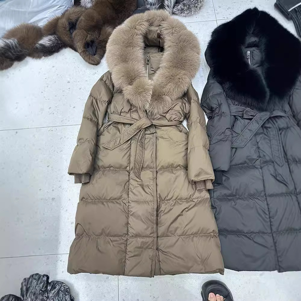 Fox fur big fur collar down jacket extended hooded winter style slimming waist cinched knee high thick womens jacket 211207