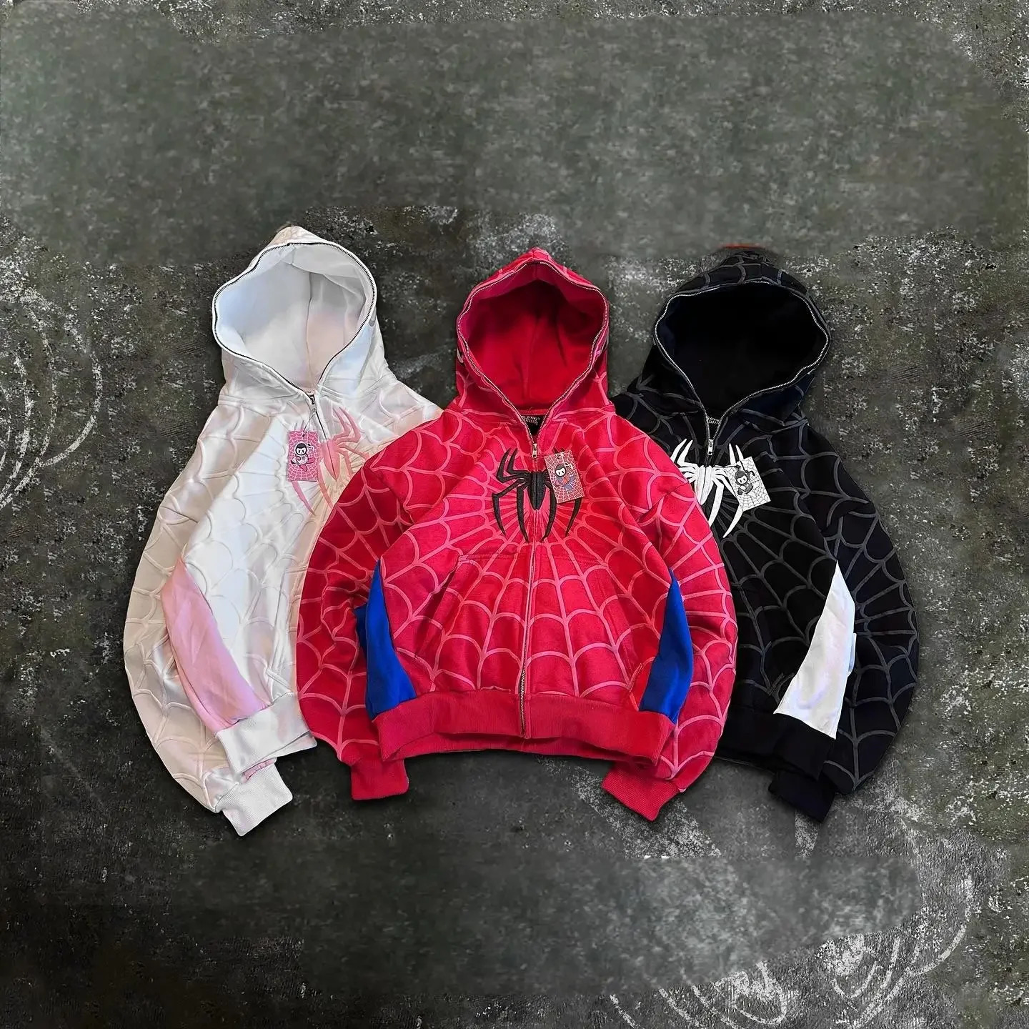 Grey Black Gothic Big Spider Pattern Patchwork Hooded Pullover Y2k Retro Loose Men Women Hip Hop Hoodie Jacket Street Sweatshirt 250110