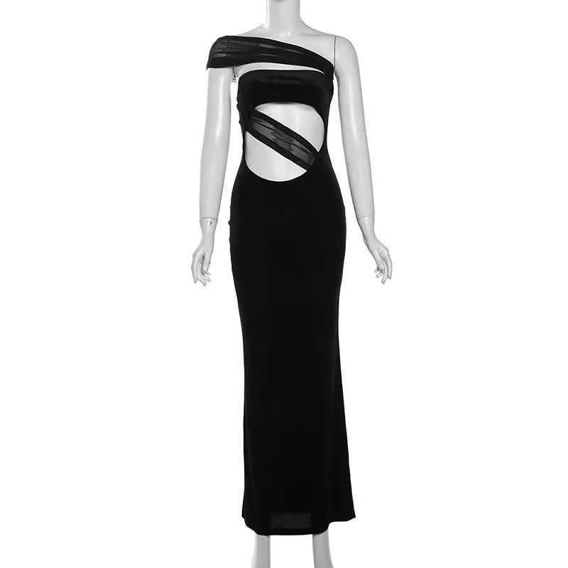 Basic Casual Dresses Womens Y2K Summer Diagonal Collar Sexy Dress Trend Hollow Mesh Patchwork Birthday Party Maxi Bodycon Midnight Clubwear H25121