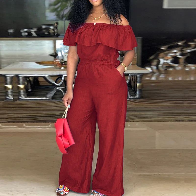 Plus Size Jean Jumpsuit Female Off Shoulder Denim Cloth Women One Piece Outfit Casual Wide Leg Pant Autumn Elegant Jumpsuit 250113
