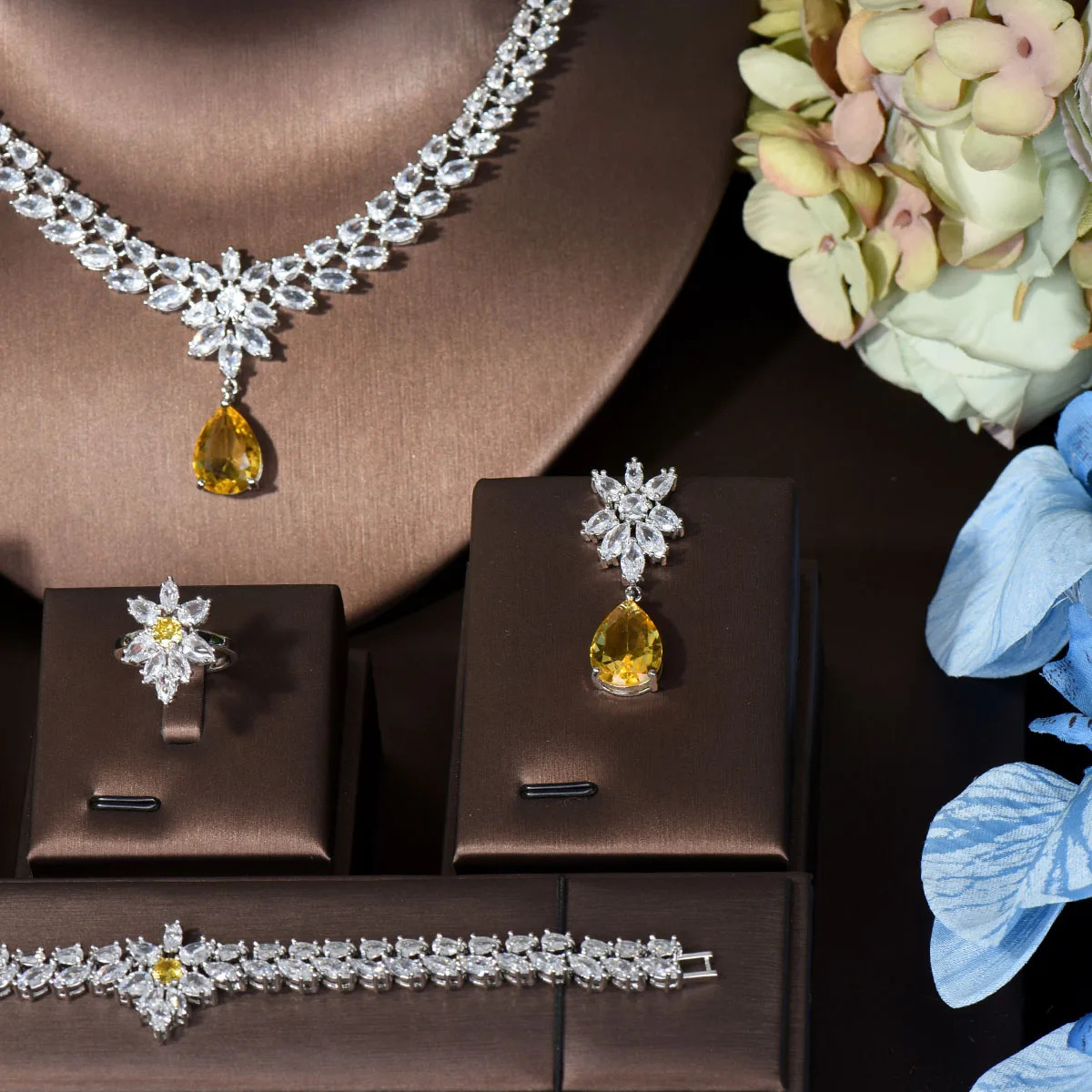 HIBRIDE Elegant Women Wedding Jewellery African CZ Crystal Water Drop Bridal Necklace Bracelet And Earrings Jewelry Sets N-789 250118
