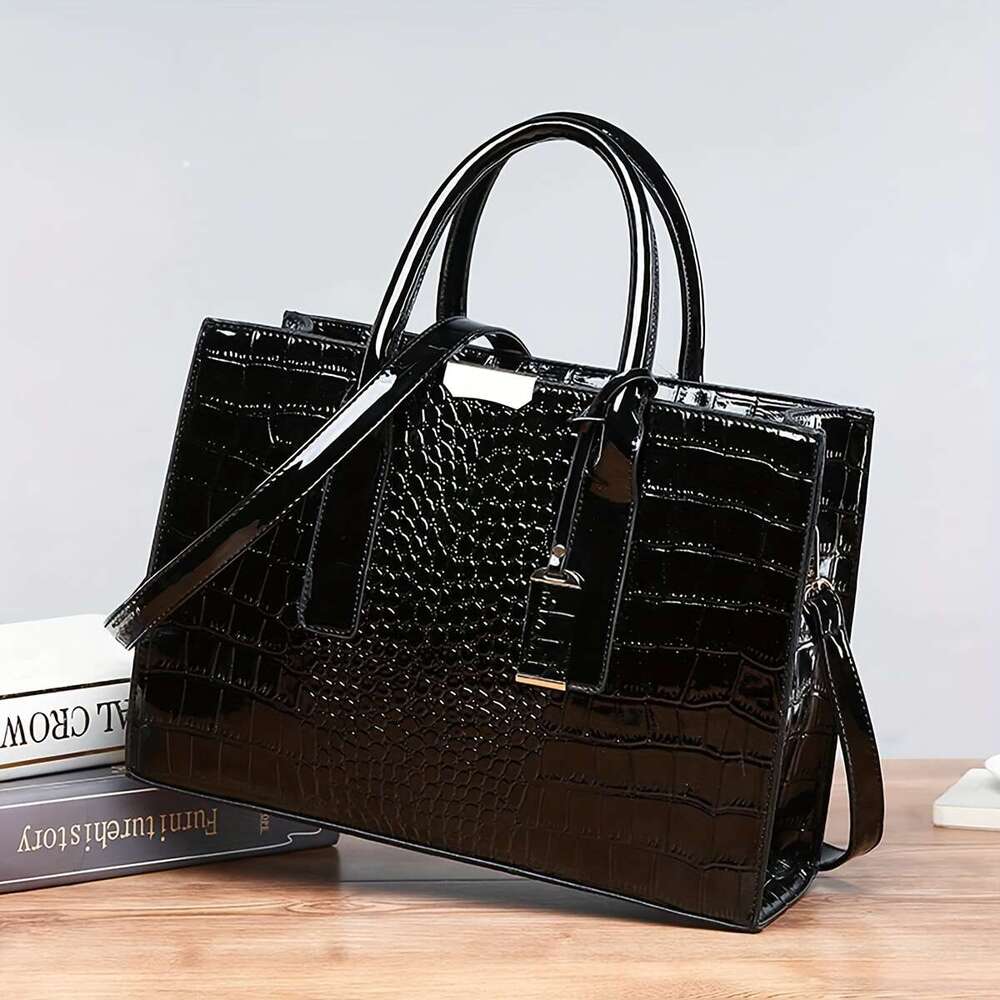 Solid color crocodile patterned square tote classic and fashionable shoulder bag, women's textured commuting bag