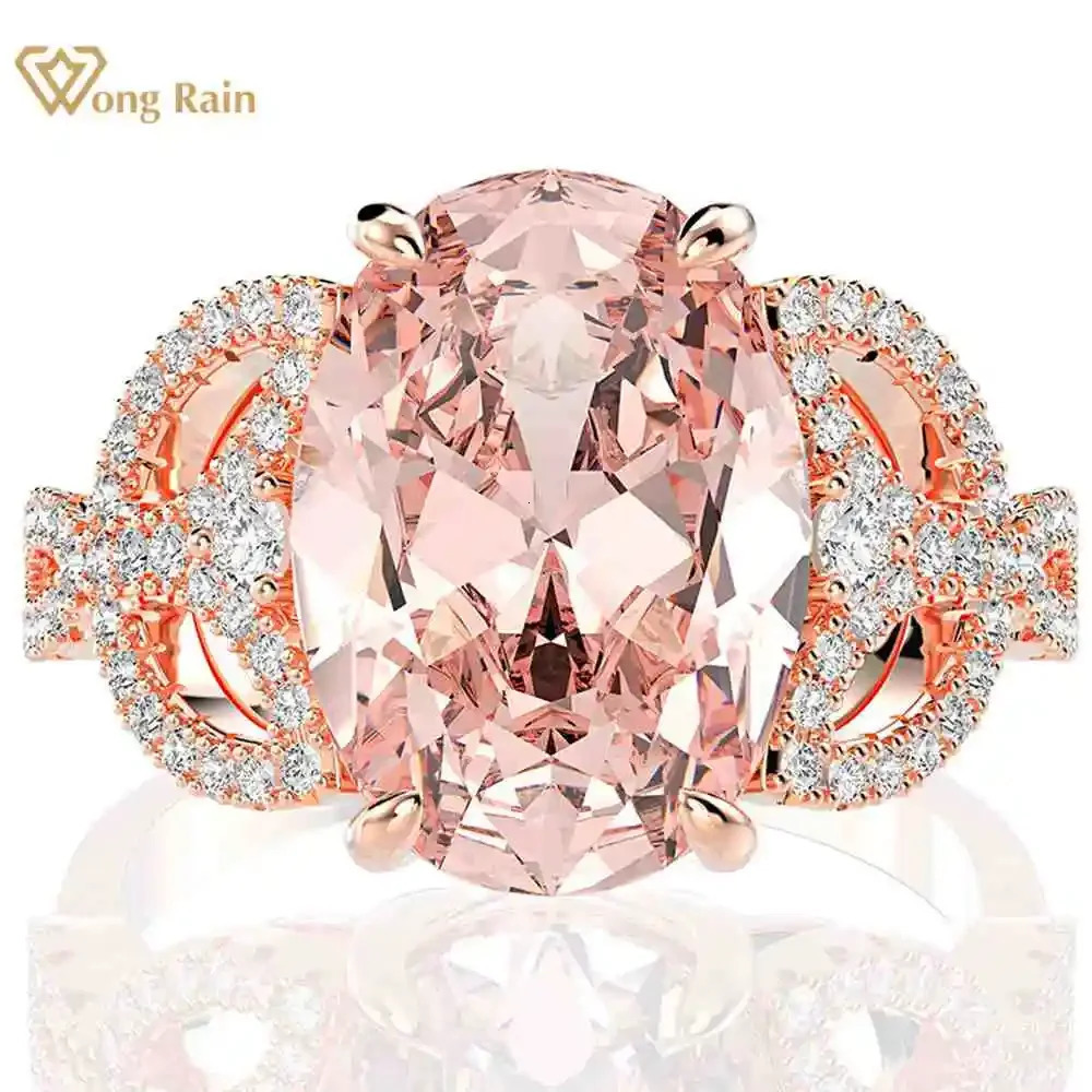 Wong Rain 925 Sterling Silver Oval Cut 10 * 14 MM Morganite Gemstone Wedding Engagement Diamonds Ring Fine Jewelry Wholesale 250121