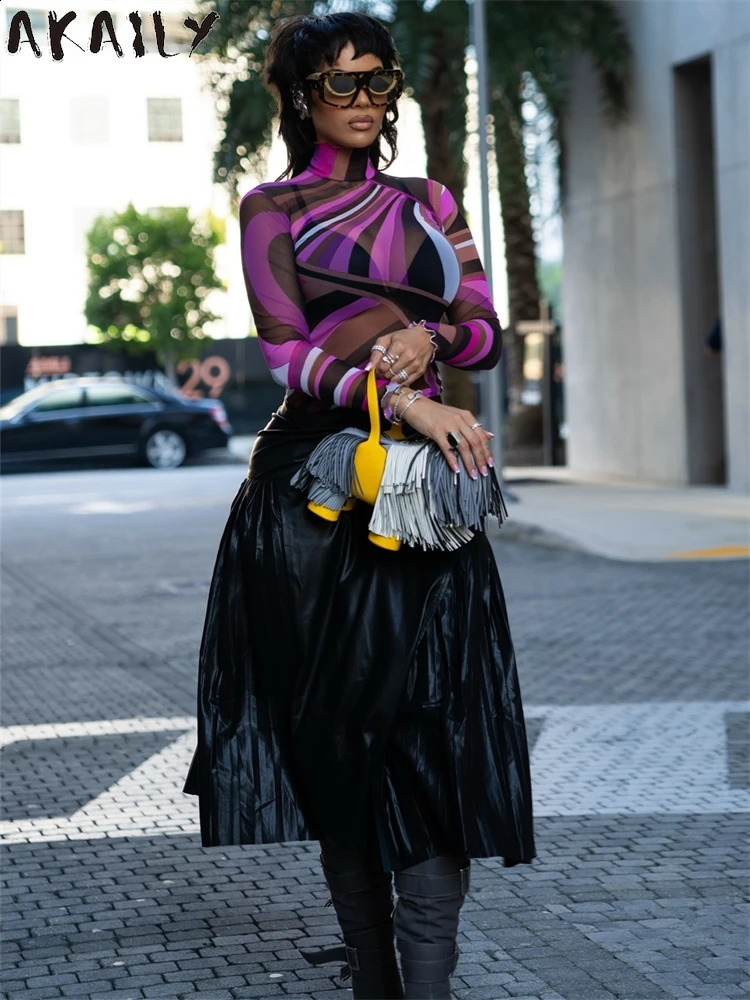 Akaily Winter Fashion Womens Purple Printed High Collar Mesh Top Coquette See Through Long Sleeve Shirt Y2K Party Clothing 250121