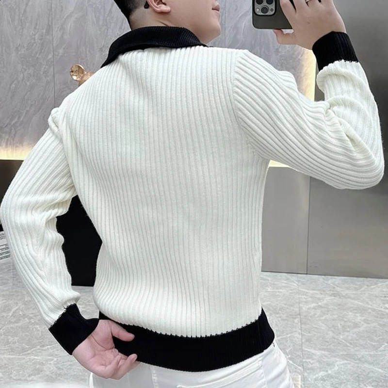 Men Korean Fashion Black White Contrast Color Business Casual Knitted Sweater Half Zipper Polo Collar Long Sleeve Slim Pullovers 250113