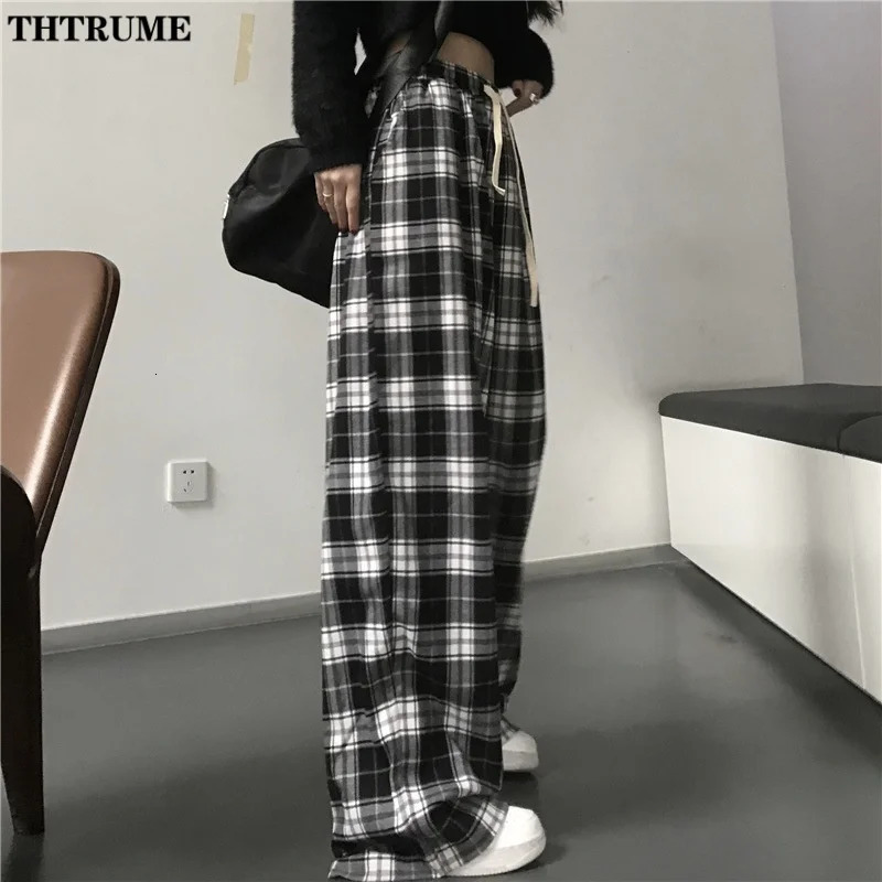 Fashion Oversized Drawstring Baggy Pants Women Black Plaid High Waist Unisex Hip Hop Pant Casual Loose Sweatpants Chic Trousers 250122