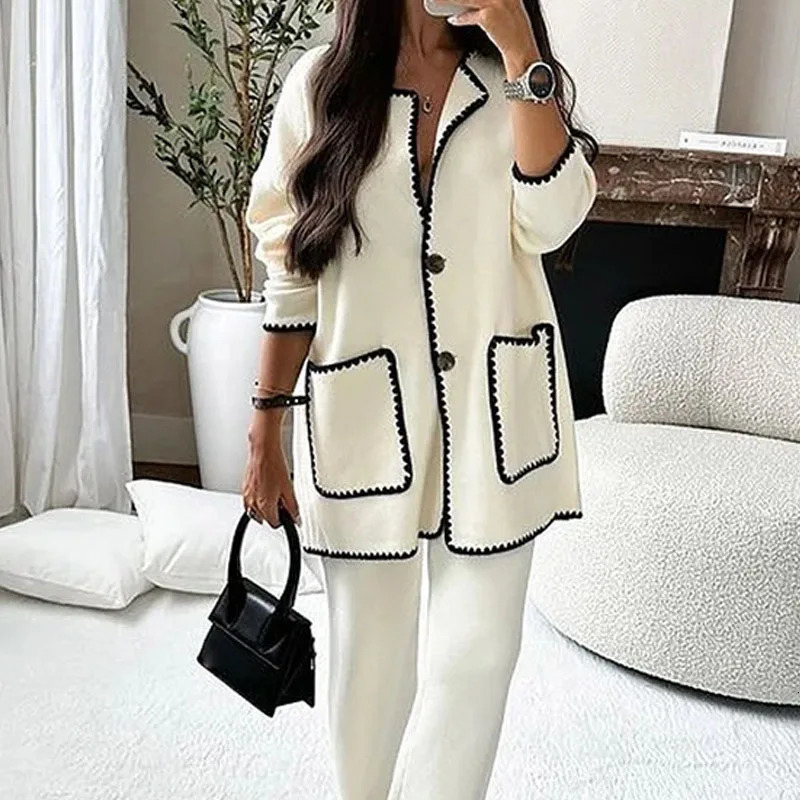 WomensTwo Pieces Set Long Sleeve Knit Pocket Single Breasted Cardigan Suit Autumn Elegant Fashion Female Warm Street Clothes 250116
