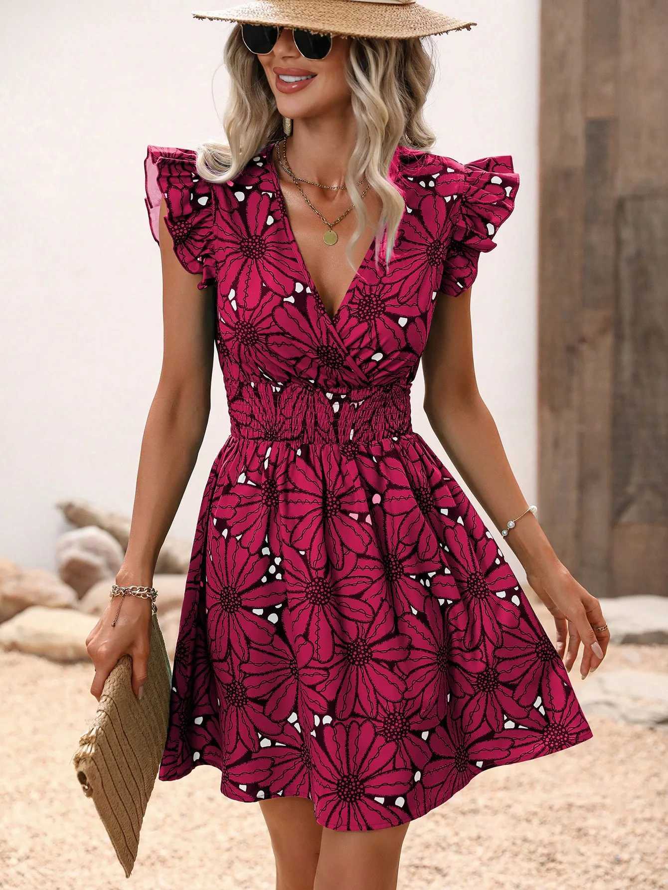 Basic Casual Dresses Chic Flower Print Vest A-Line Dress Women Summer V-Neck Mini Skirt Elegant Vacation Dresses H25217